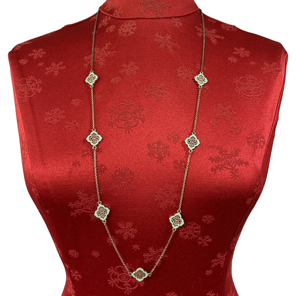 Fine Gold Station Chain Necklace w/ Mint Green Sections Single Strand Fashion - Picture 1 of 9